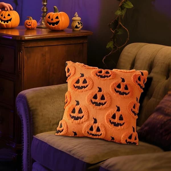Halloween pudebetræk, blødt polyester 3D græskar- og spøgelsesmønster, sæt med 2 til sofa soveværelse festindretning, orange, 45 x 45 cm