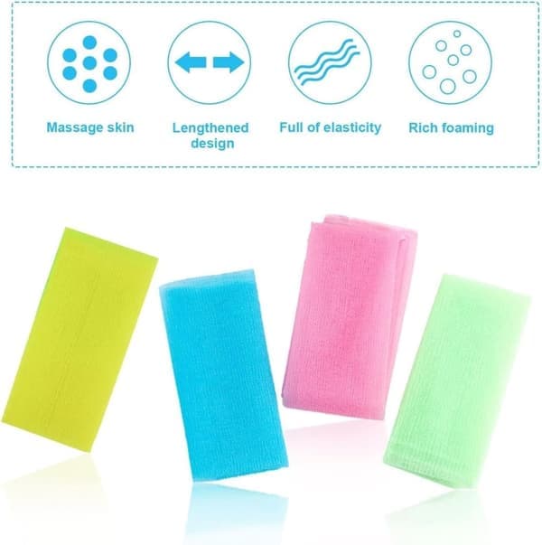 Flerfarget japansk eksfolierende badehåndkle i nylon, lang 90 cm, skrubbehåndkle for eksfoliering (4 stk)