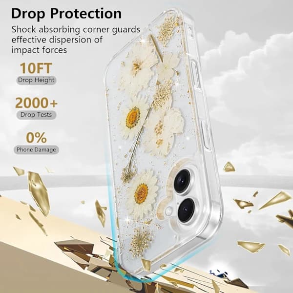 (Daisy) Blomstret Cover til iPhone 16 Transparent Cover med Ægte Tørrede Blomstermønstre, Glitrende Sødt Blomsterdesign til Kvinder Piger
