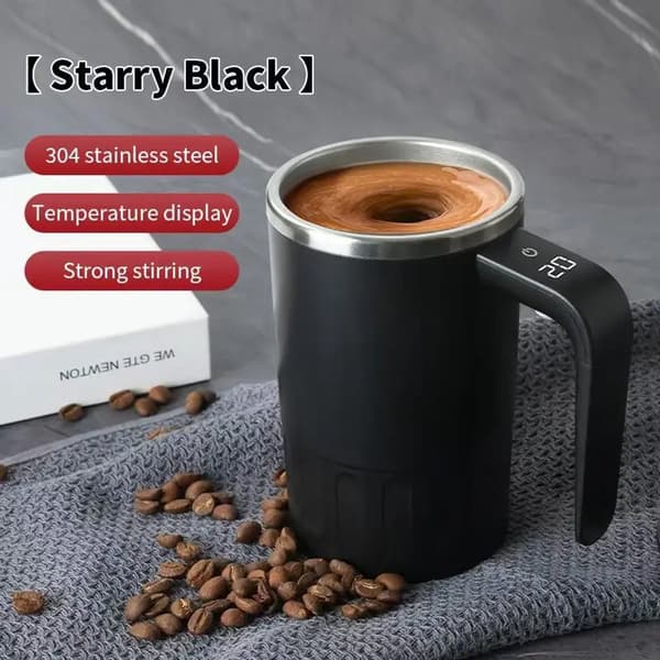 Elektrisk selvomrørende kaffekrus med temperaturdisplay, isoleret indvendig i rustfrit stål, til rejser og hjemmebrug, sort, 380 ml