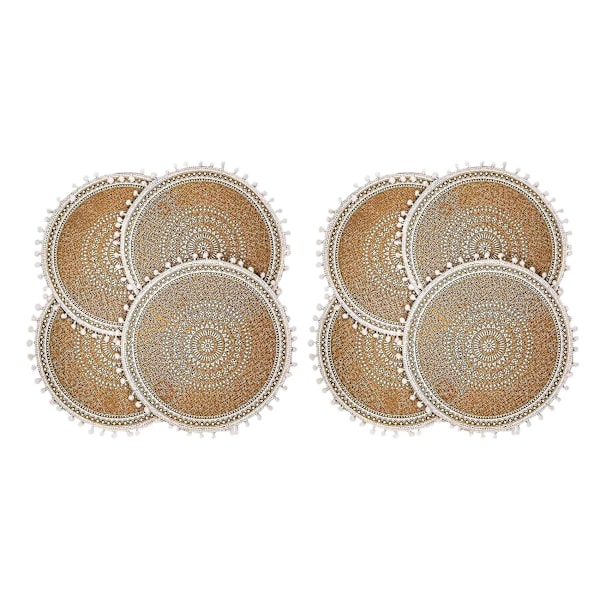 Runda bordstabletter set om 8, boho vävda jute bordsmattor med pompom tofs för matsal kök Tabl