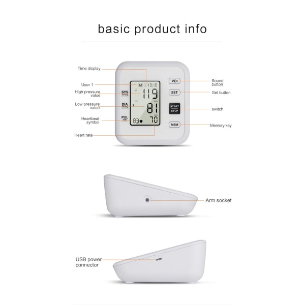 Blodtrycksmätare, automatisk digital arm blodtrycksmaskin för hemmabruk, pulsmätarein