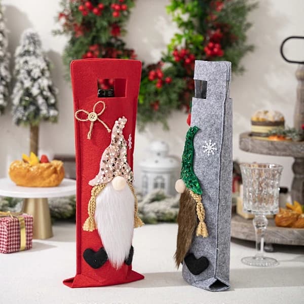 Gray and Red Hat Christmas Wine Bottle Cover for Dinner Table Decorations and Tableware, Perfect for Christmas Gift Bag