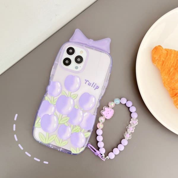 2-delt lilla tulipan blomstrete sløyfer for iPhone 13 Pro Max med kjede par telefondeksel