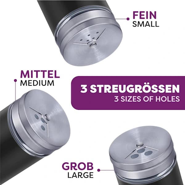 Svart set med 2 rostfria kryddburkar, 80 ml - Genomsynlig design och 3 ströinställningar