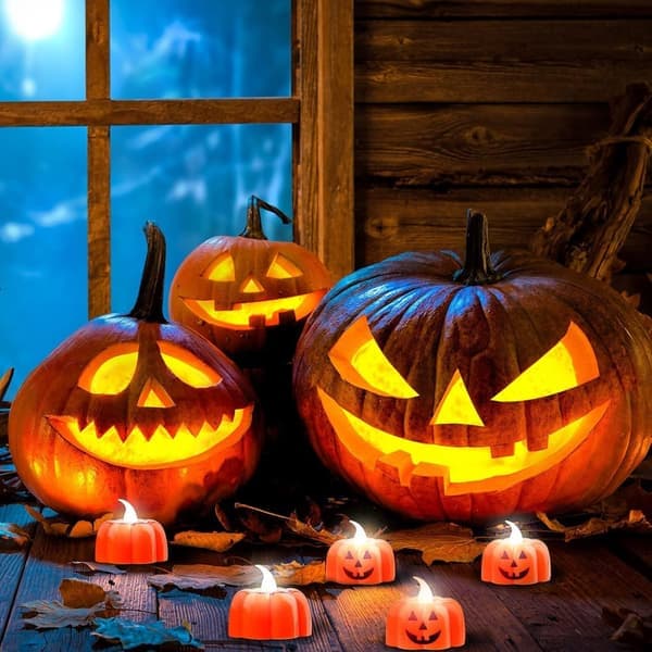 12 stk. Græskar Flameless Tea Lights - Orange LED Belysning Halloween