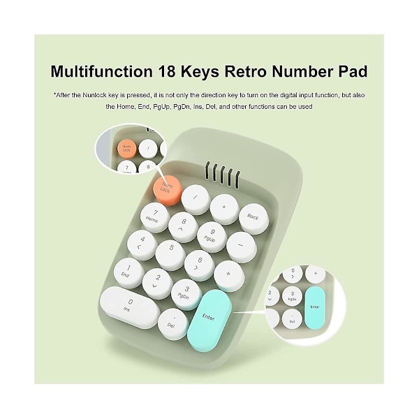 Trådløst taltastatur, Typewriter Retro Tastatur, Numerisk Tastatur Numpad 18 Taster 2.4 Ghz Bluetooth Mini