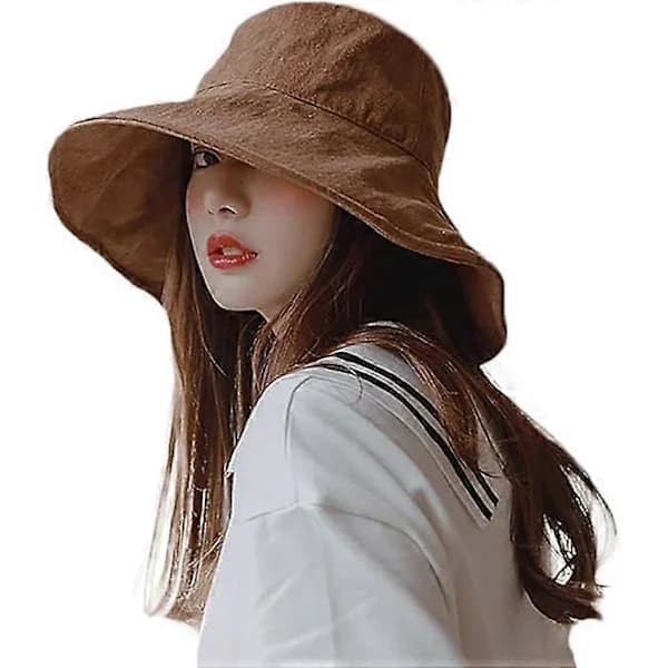 HA~Sommerhat til damer, bredskygget, foldbar solhat til rejser, anti-UV strandhat, 100% børstet bomuld, udendørshat