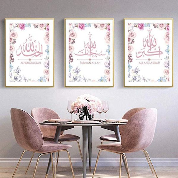 Wekity Pink Flower Kalligrafi Vægkunst Lærredstrykplakat, Enkelt Mode Vandfarve Kunstindretning til Hjem Stue Soveværelse Kontor (Sæt med 3 Uindrammede,