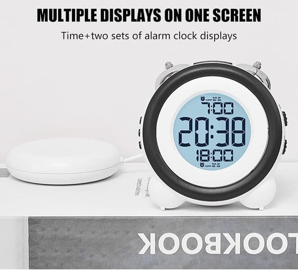 Vibrerende Vækkeur Med Pudevibrator, Høj Klokke, Dobbelte Alarmer Og Stort LCD-Display Til Dybe Sovende, Studerende, Sort