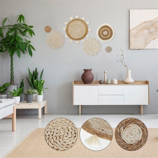6 st Boho väggkorg dekor set vävda rotting platta korgar vägg hängande dekor handgjorda tofsar Flowe