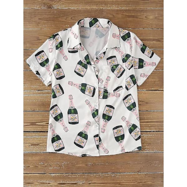 HA-Champagneflaskor Pyjamasset Dam Tryckt Kortärmad 2 Delar Mjuk Lös Casual Sovkläder TA XL