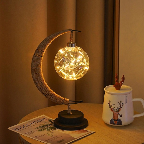 Varmvit LED månformad lampa hamparep järn rottingboll