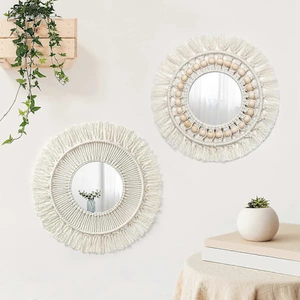 Hängande Väggspegel - Boho Macrame Frans Rund Dekorativ Spegel, Konstprydnad för Lägenhet Hem Sovrum Vardagsrum