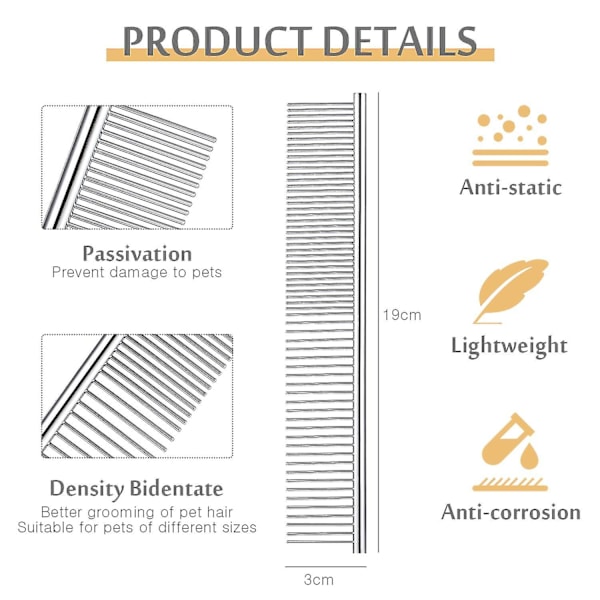 Ruostumattomasta teräksestä valmistettu lemmikkieläinten hoitokampa, pyöristetyt hampaat, koirakampa suurille, keskisuurille ja pienille koirille ja kissoille lyhyillä/pitkillä karvoilla (19 x 3 cm)