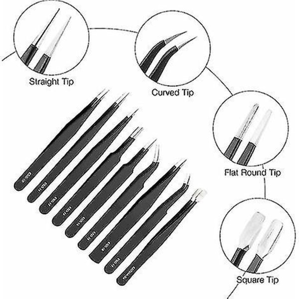 Pinsettsats - Pinsett - Modelleringssats - Antistatisk pincett - Litet kit för elektronikreparation, smyckestillverkning, industri (svart)