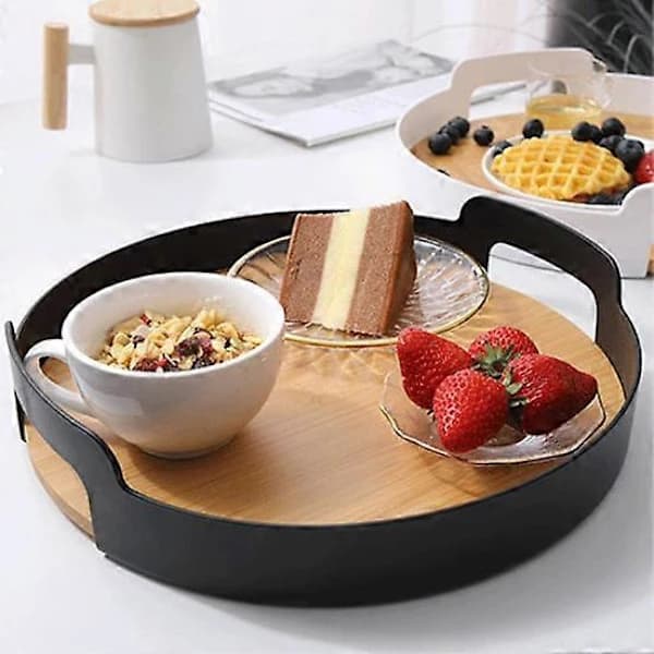 Serveringsbakke Multifunktionel Komfortabel Bambuspanel PP Plast Kaffe Te Servering Madopbevaringsplade til Hjemmet sort black 36cm