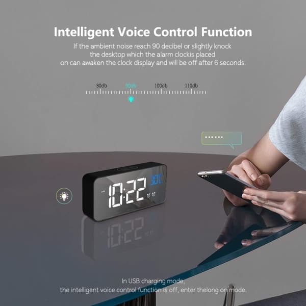 Bærbar Spejlvækkeur - LED-temperaturdisplay - 4 niveauer