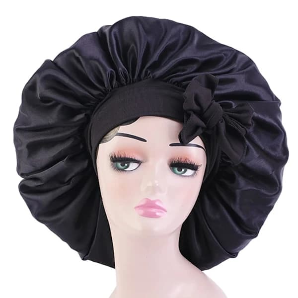 Satin Bonnet Silke Bonnet Hår Bonnet (Sort) Jumbo Størrelse til