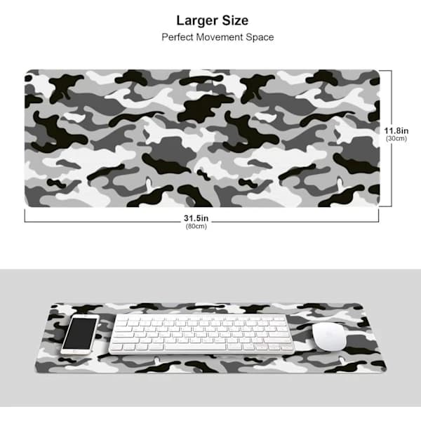 Svart, grå og hvit spillmusematte, stor, camo grå, lang, utvidet, skrivebordsmatte, kamuflasje, stor musematte for hjemmet