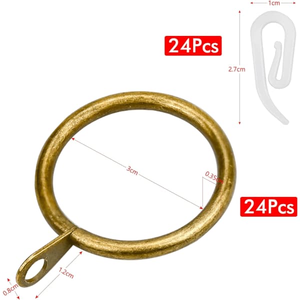24 Sæt Metalgardinringe og Kroge Messing Rustfrit Metalgardinring 30mm Indvendig Diameter Hængende Ringkrog til Hjemmevindue Stang Dekoration