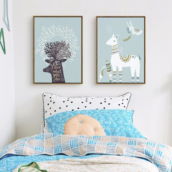 Wekity Cartoon Deer Bear Väggkonst Canvas Tryck Affisch, Enkelt Mode Vattenfärg Konst Ritning Dekor för Hem Vardagsrum Sovrum Kontor och Barn
