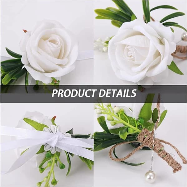 Håndledsblomster til bryllup, blomsterhåndledsblomster sæt kunstige bryllupsrose brud håndledsblomster blomster håndledsblomster til bal (hvid)
