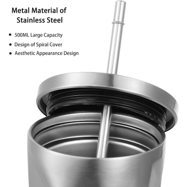 Rustfritt stål drikkeglass, med sugerør, dobbeltvegget drikkebeger, kaffekopp, 500 ml, med lokk uregelmessig diamant (gm)(WZ1572)