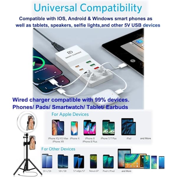 HA~10-Port 72W Multiladestation til Smartphones, Tablets og Andre USB-Enheder