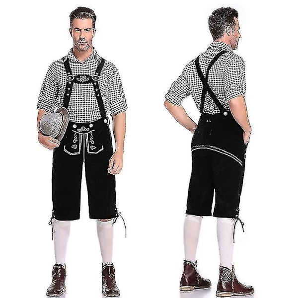 /HH/Traditionel Oktoberfestdragt til mænd - ternet skjorte, broderede bukser og hat - Perfekt sort M
