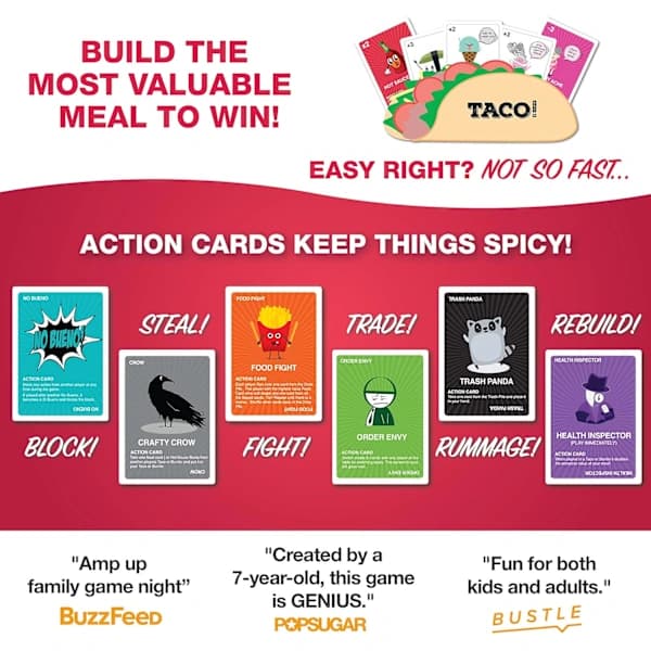 Taco vs Burrito strateginen perheystävällinen korttipeli