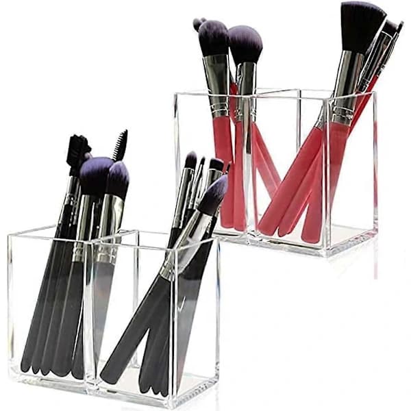 Makeup Brush Holder, Acrylic Pen Holder, 2 Compartment Desk Organizer, Clear Acrylic