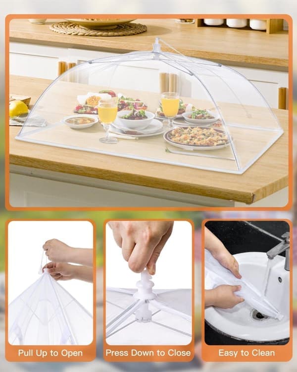 4 st Pop-up matparaply i mesh – hopfällbart insektsnät för utomhusmåltider, 43×43 cm, vit