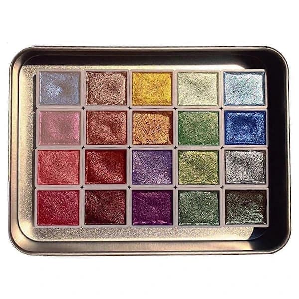 20 Farver Akvarelmalesæt, Metallisk Akvarelfarvesæt, Glitter Akvarel Solid Farveboks, (2.3ML-A)