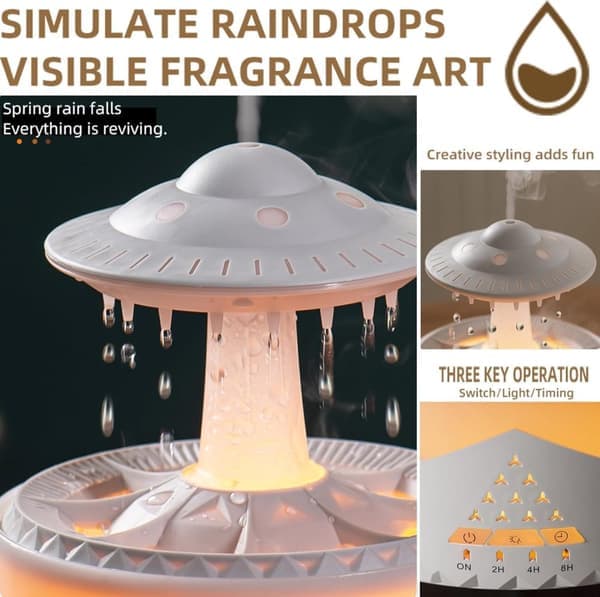Regndråpe-luftfukter for soverom - eterisk oljediffuser med 7 farger LED-lys, luftfukter - kald tåke-luftfukter