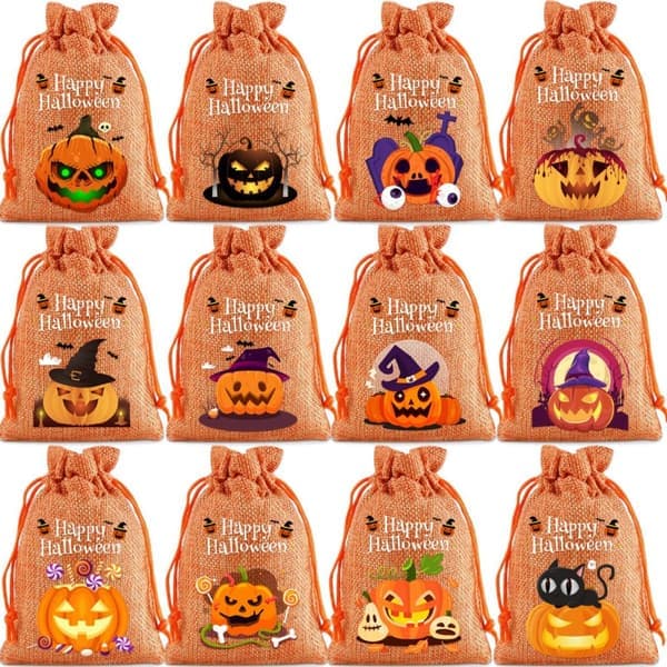 Halloween Jutesäckar med Dragsko 24-pack - Pumpamönster - 10x14 cm - Orange