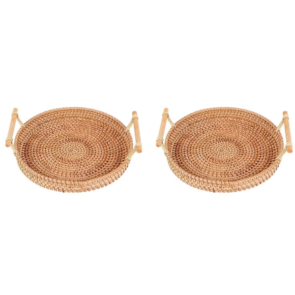 2x Rattan Bread Basket Round Woven Tea Tray With Handles For Serving Dinner Parties Coffee Breakfas