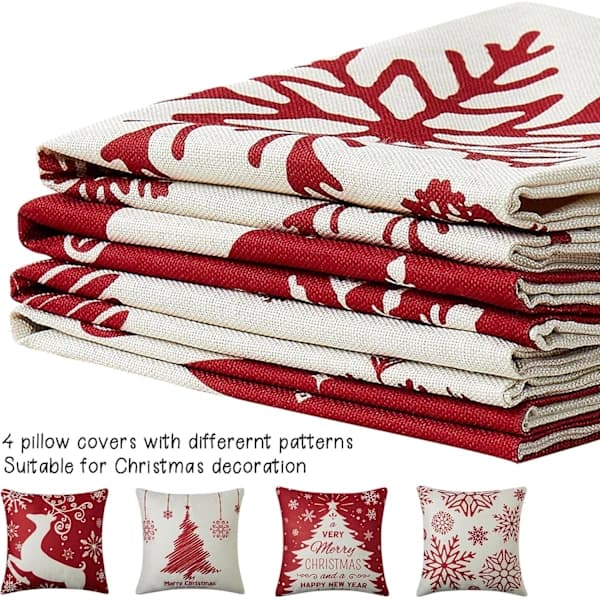 Julkuddar Set om 4, Linne Juldesign Kuddfodral Röda Jul Kuddfodral Kuddfodral för Jul