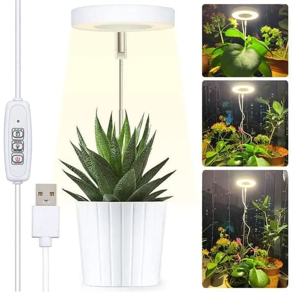 Vekstlampe / plantebelysning, justerbar høyde, Lampe for planter med på/av-timer (2/4/8 timer) – egnet for små planter