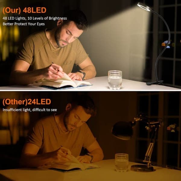 Dimbar LED Klemmelampe/Leselampe – Boklampe med 3 Lysmoduser & 10 Lysstyrker