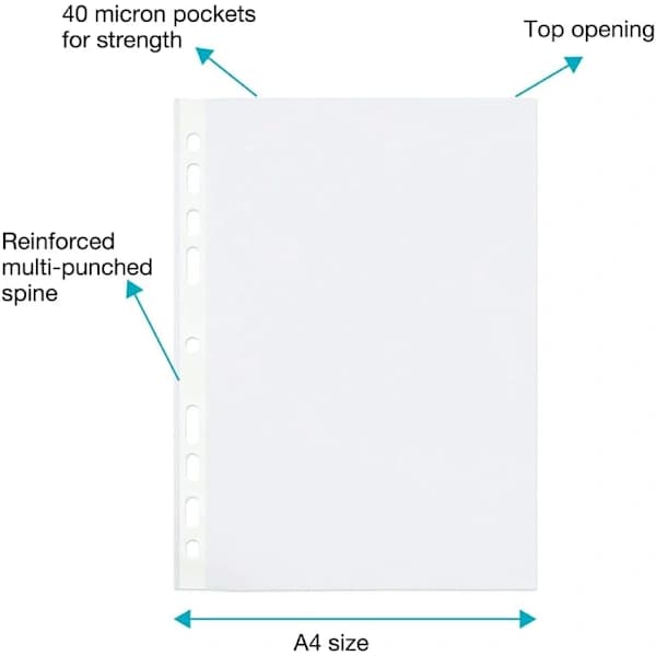 Lommer, transparente A4-plastlommer, forstærket ryg, multihul til ringbind, 200-pakke 200 stk.