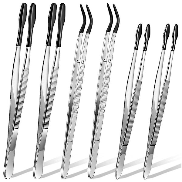 6 stk. pinsett med gummitipp i PVC rustfritt stål for smykker hobby industriell hobby
