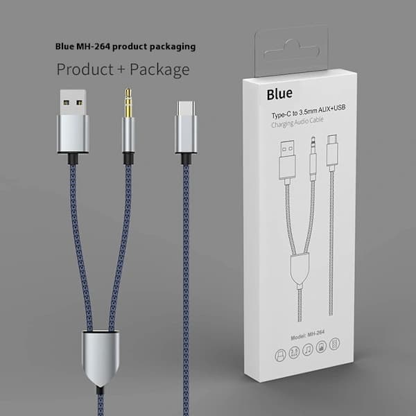 2-i-1 Typ-C Bilstereo Kabel 1 Delt 2 Typ C til USB A 3.5mm Aux Kabel Blå