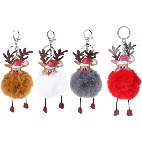 /HA/4 deler Noël Nøkkelringer Pomponger Pels Anheng i Form av Reinsdyr Anheng Nøkkelring til Håndveske Dekorasjon Hengende Veske Ornament Jul