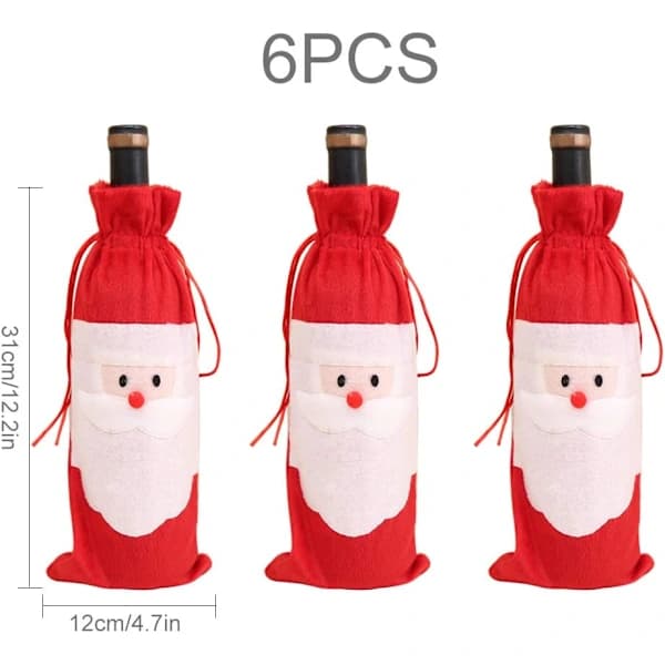 6 Julvinpåsar för Vinflaskor, Julpåsar, Tomte, Röda Vinflaskfodral, Påsar med Dragsko, Julklappar, Påse, Presentförpackning