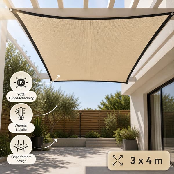 Solsejl, åndbart perforeret net, op til 90 % UV-beskyttelse, til have, terrasse, altan og pergola, beige, 3 x 4 m