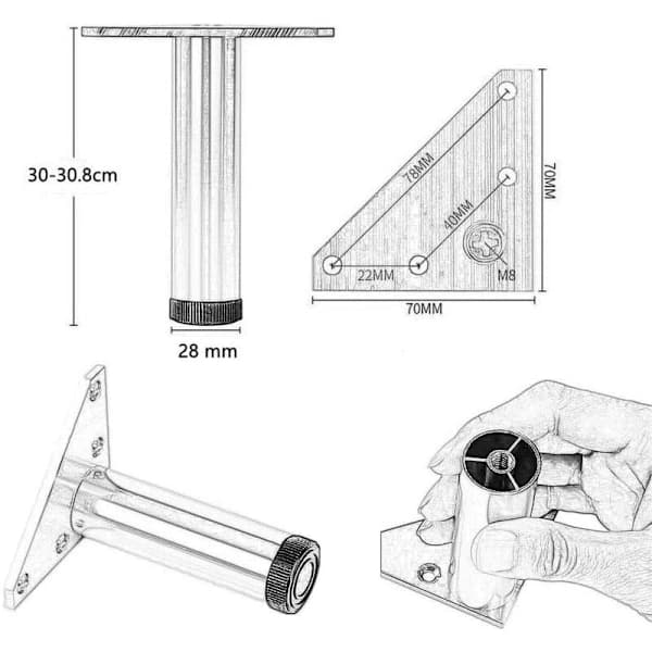 HA-4 Stykker Justerbare Møbelben 30cm Moderne Sofaben Sengeben Sølv Erstatningsfødder til Bord Skab-FF-