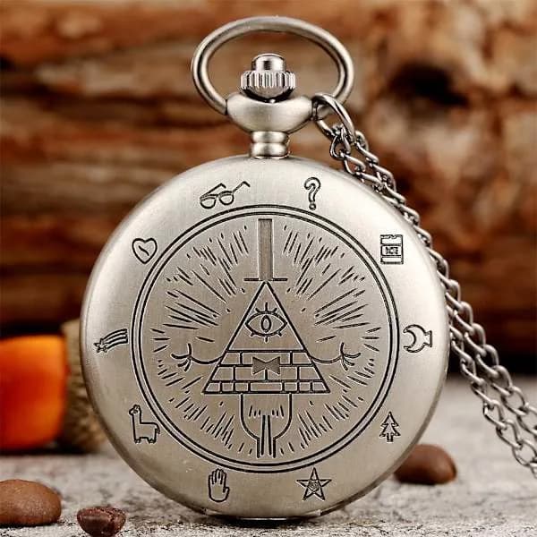 Bill Cipher - Gravity Falls -teema, kvartsikellotasku, retro harmaa
