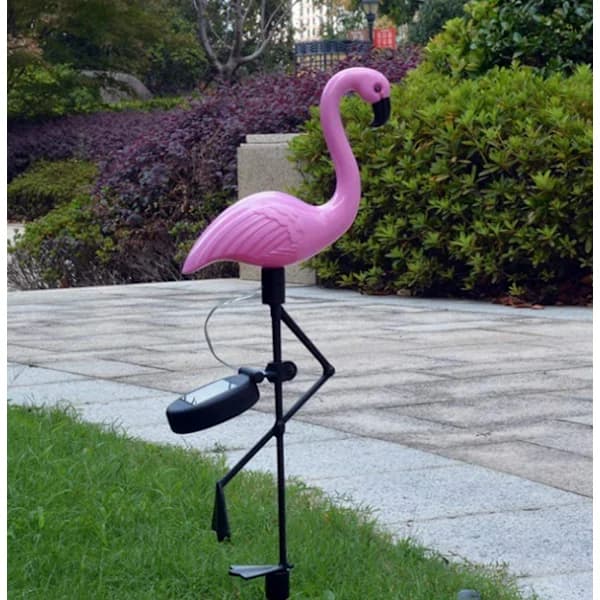 Solcellelamper til græsplæne, en flamingo, tre udendørslamper til have, landskabsbelysning, havedekoration