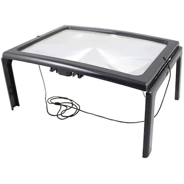 Stor A4 Læsemagnifier med 4 LED-lys, Håndfri Foldbart Bordstativ, 3x Forstørrelsesglas i Fuld Sidestørrelse